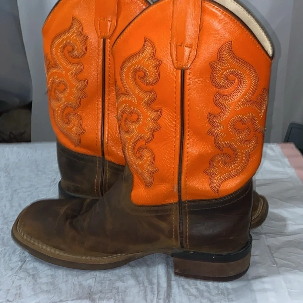 OLD WEST‎ GENUINE LEATHER Orange and Brown Western Cowboy Boots KIDS  SIZE 3D
